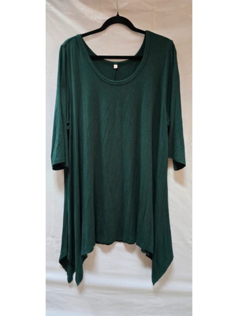 3X Plus Size Dark Green Handkerchief Hem Tunic Top 3/4 Sleeve Rayon Stretch